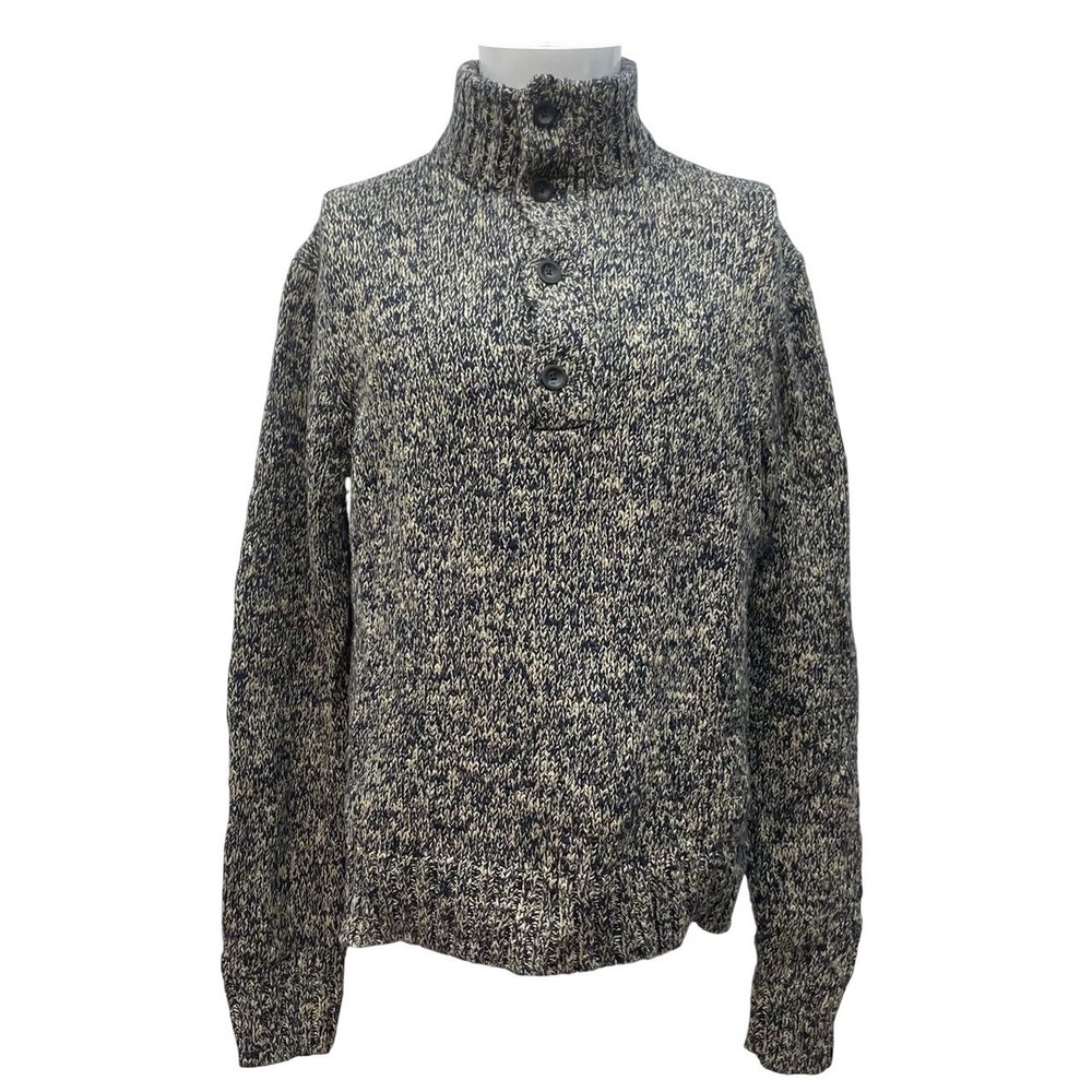 Polo Ralph Lauren Mens Large‎ Navy Cream Marled Cotton Mock Neck Button Sweater